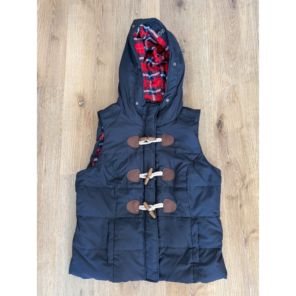 VTG Y2K Abercrombie & Fitch Preppy Puffer Vest L Navy Blue Quilted Toggle Hooded